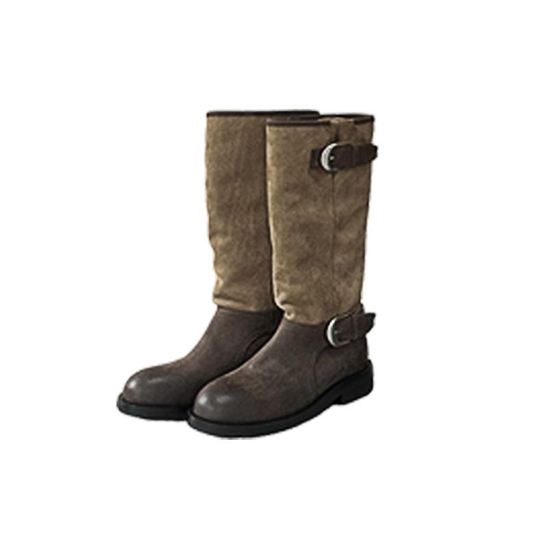 Boots Women's Boots 2025 New Thick Heel Round Toe Splicing Western Boots Pleated Stack Boots Knight Boots