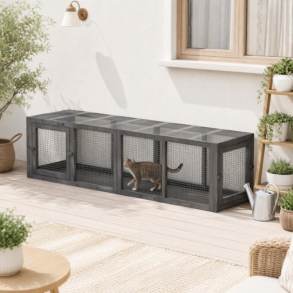 Cat Tunnel Cat Toy Made of Wood with 3 Doors, Expandable Play Tunnel for Cats Up To 10 Kg, 151.5 X 38.5 Cm Grey