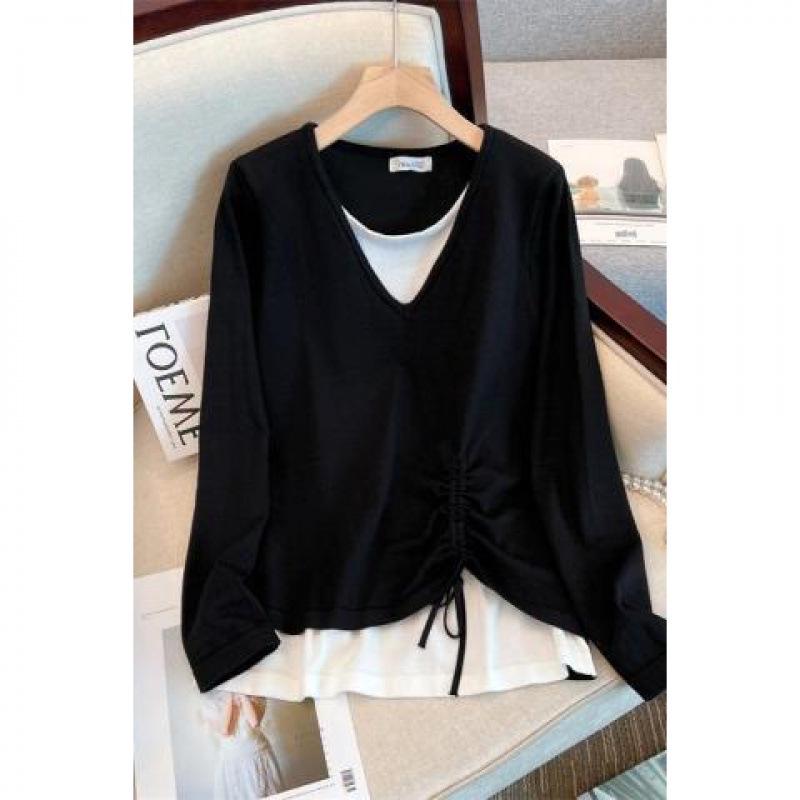 "Women's Plus Size Loose Fit Layered Splicing Long-Sleeve T-Shirt for Spring and Autumn"