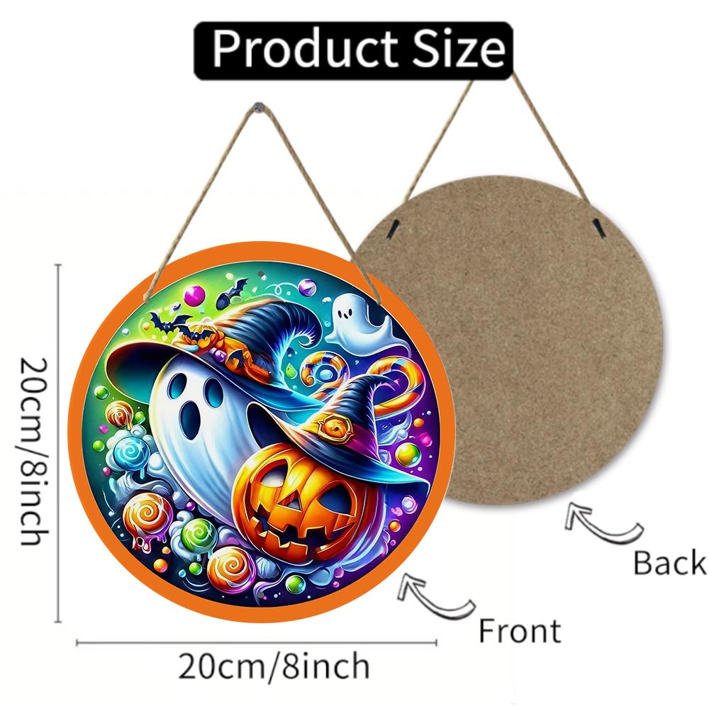 Colorful pumpkin and ghost pattern round wooden hanging plaque indoor outdoor wall art decor farmhouse halloween party home ornament gift