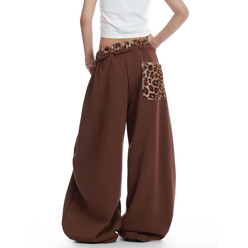 Damen Braun Jogginghose Baggy Leopard Patchwork Hose Harajuku Ästhetik Y2k Vintage Oversize Hose Herbst