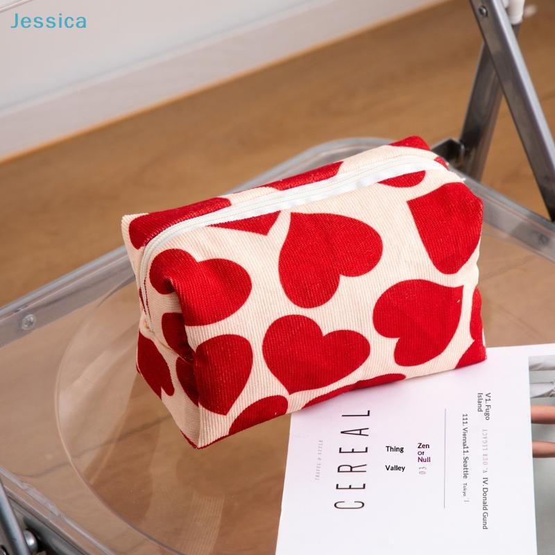 Red Heart Pattern Corduroy Makeup Bag - Cute Cosmetic Organizer Pouch, Portable Travel Toiletry Bag for Women