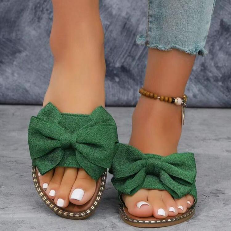 Foreign trade new flat-bottomed rhinestone bow one-word slippers women wear solid color light cloth cool slippers 2025