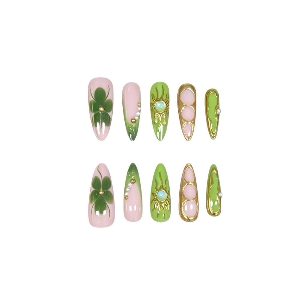 30 Pieces Of Manicure Fresh Green 3D Three-Dimensional Relief Pearl Glitter Long Tip Nail Wearing Nail