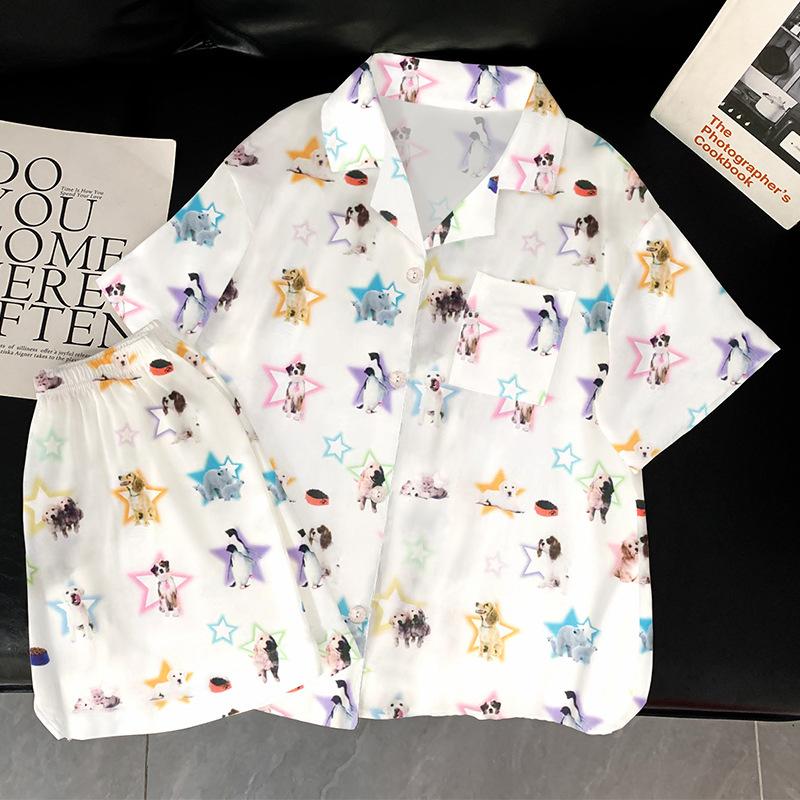 Happy Stars Cartoon Ice Silk Pajamas Women'S Summer High-End Loungewear Short-Sleeved Set