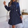 High Waist Women's Long Sleeve Dress Lace Up Pleated Dot Temperament Autumn Winter