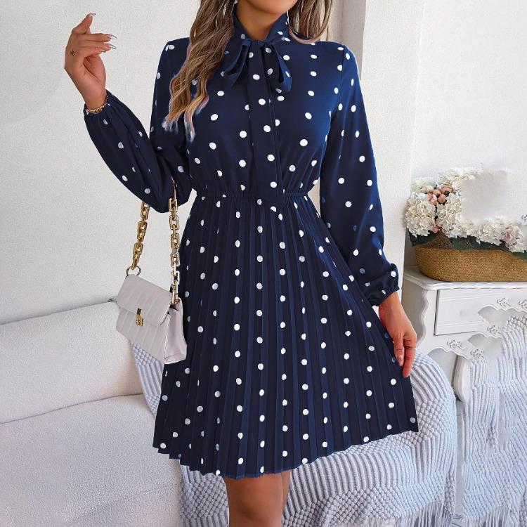 High Waist Women's Long Sleeve Dress Lace Up Pleated Dot Temperament Autumn Winter