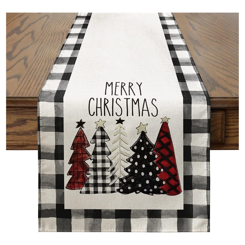 

Plaid Christmas Trees Merry Xmas Table Runner, Kitchen Dining Table Decoration for Indoor Outdoor Home Party Decor