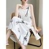 New Arrival Summertime Suspender Dress for Women V-neck Sleeveless Acetic Acid Printed Mid-length A-long Skirt Temperament Suit Inner Skirt