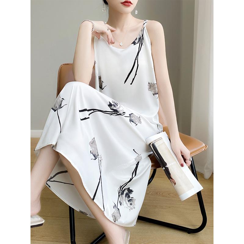 New Arrival Summertime Suspender Dress for Women V-neck Sleeveless Acetic Acid Printed Mid-length A-long Skirt Temperament Suit Inner Skirt