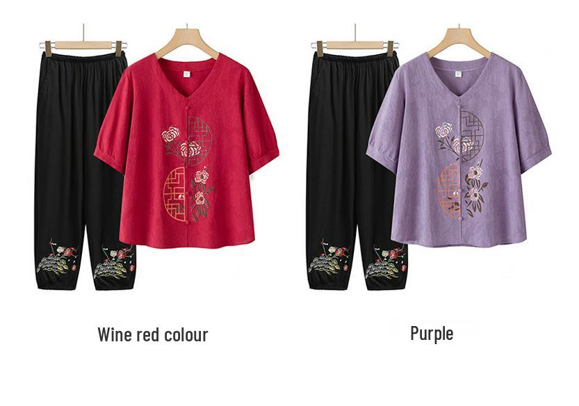 2026 New Summer Cotton Linen Suit: Stylish Short-Sleeved T-Shirt for Middle-Aged and Older Women