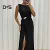 Rochie de seară pentru doamnă Tiv cu fantă plisată Lungime la podea Culoare unită Decor cu strass Fără mâneci Gât rotund Talie înaltă Decor cu strasuri Cocktail de bal