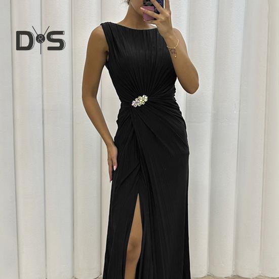 Rochie de seară pentru doamnă Tiv cu fantă plisată Lungime la podea Culoare unită Decor cu strass Fără mâneci Gât rotund Talie înaltă Decor cu strasuri Cocktail de bal
