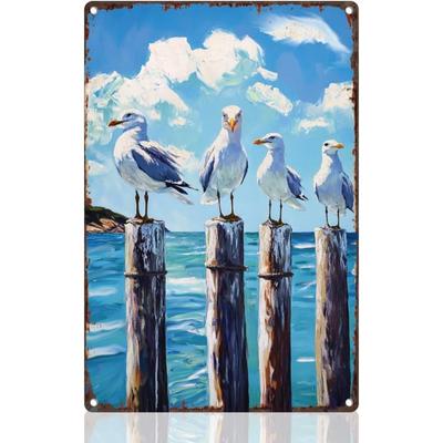 Seaside Möwe Retro Wanddeko Metallblechschild 8" x 12" Küstenmeeresvogel Vintage Sommer Wandkunst Poster für Meeresufer Zuhause Cof