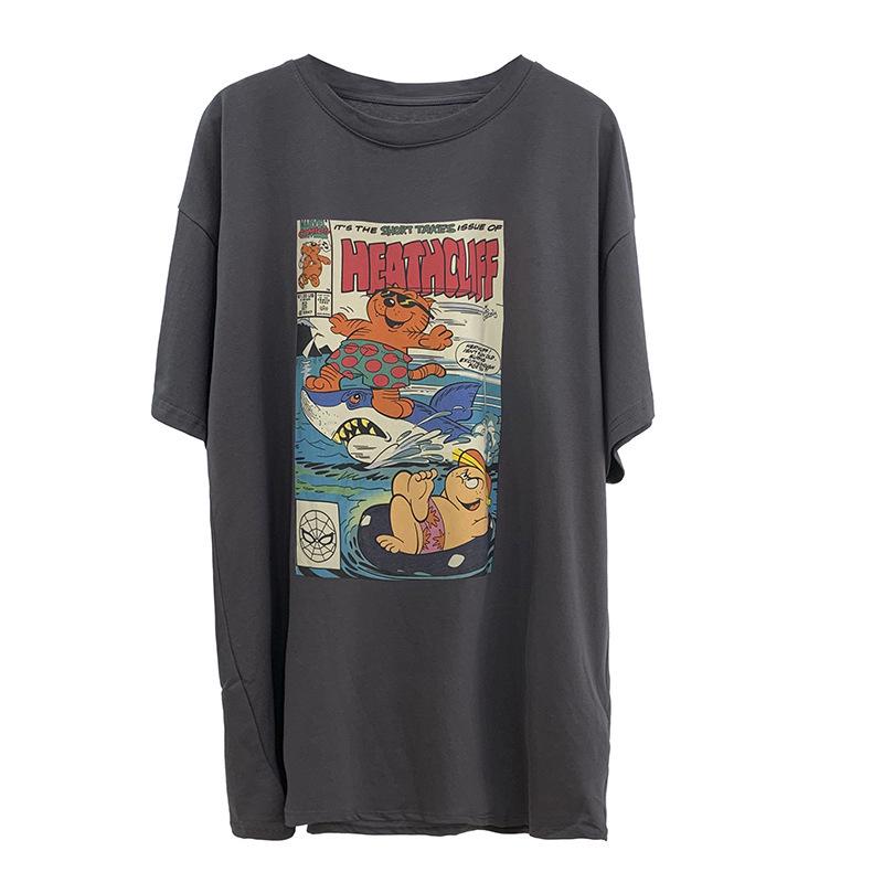 Women's Oversized Cartoon Print Morandi Color T-Shirt