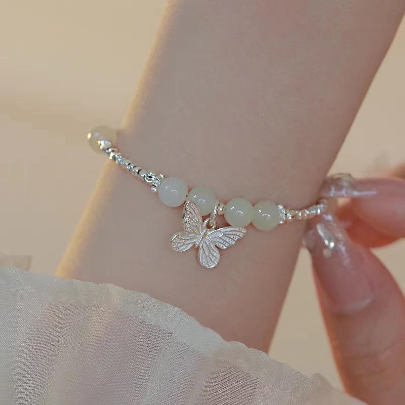 Hetian Jade & Silver Butterfly Bracelet - Exquisite Chinese Style Summer Accessory with Lucky Beads for Women