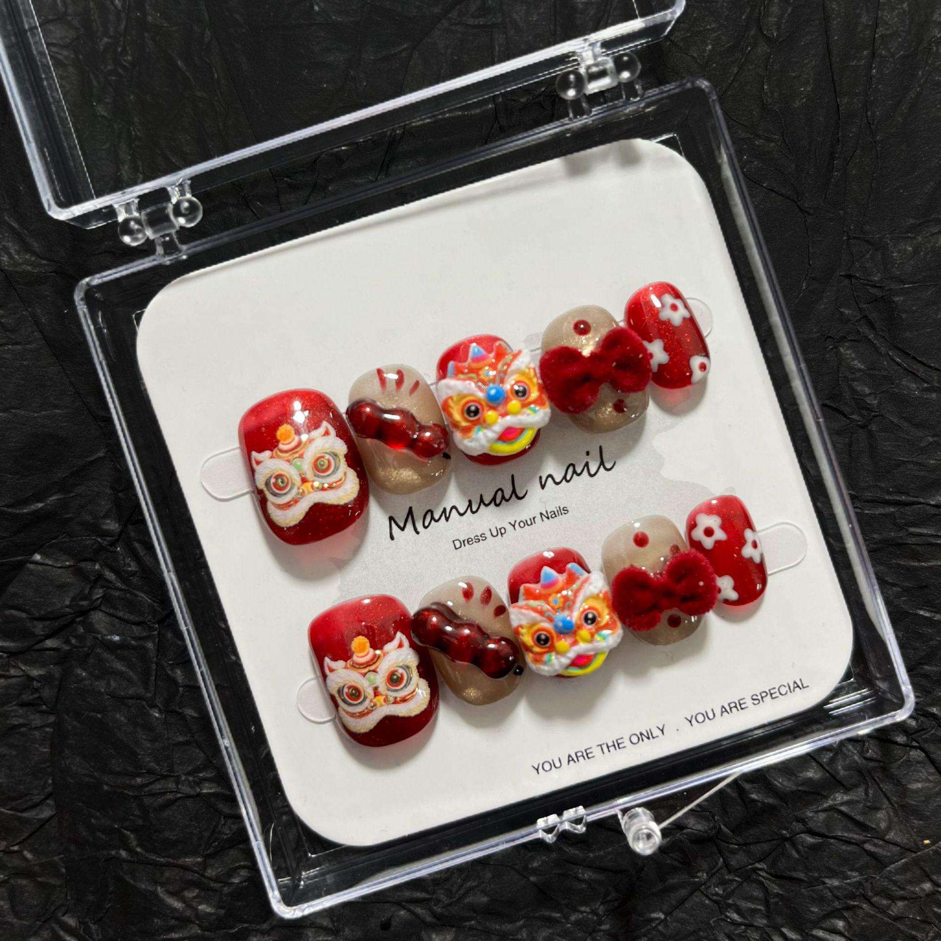 New Year Lion Dance Nail Stickers: Cute Cartoon Girl Design, Removable and Wearable (A684) Medium
