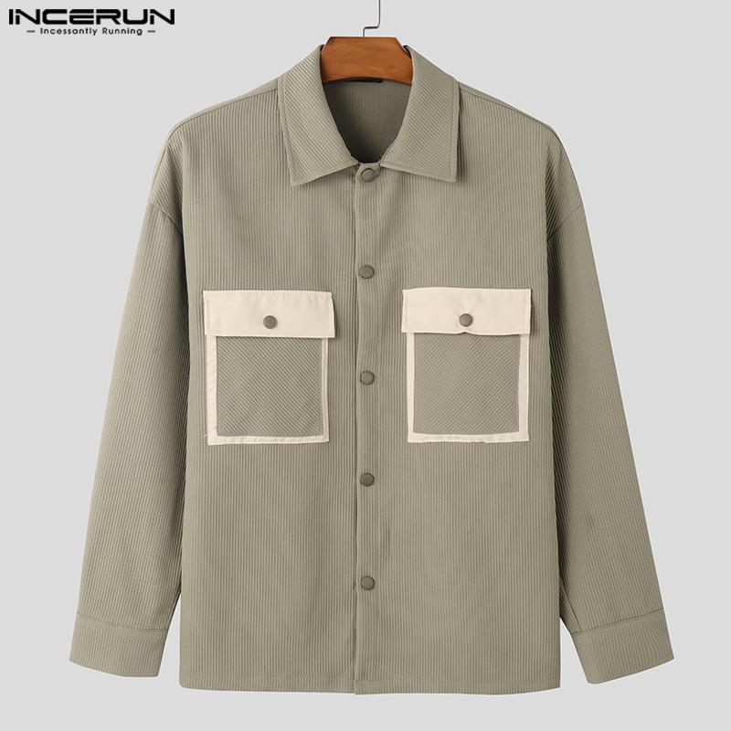 INCERUN Oversized Spring Men Long Sleeve Lapel Patchwork Buttons Up Texture Shirts