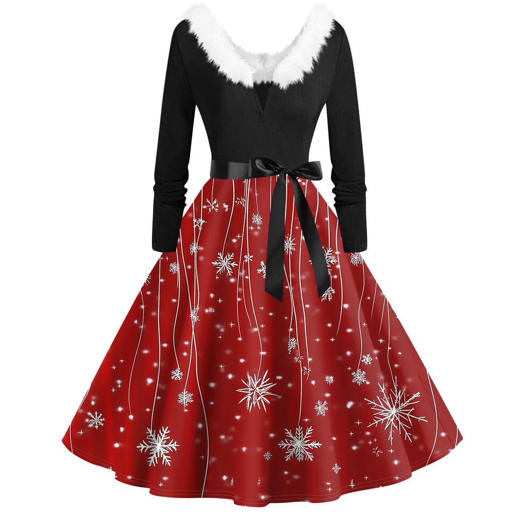 Women's Fashion V-Neck Casual Slim Christmas Printed Long Sleeve Hair Collar Dresses
