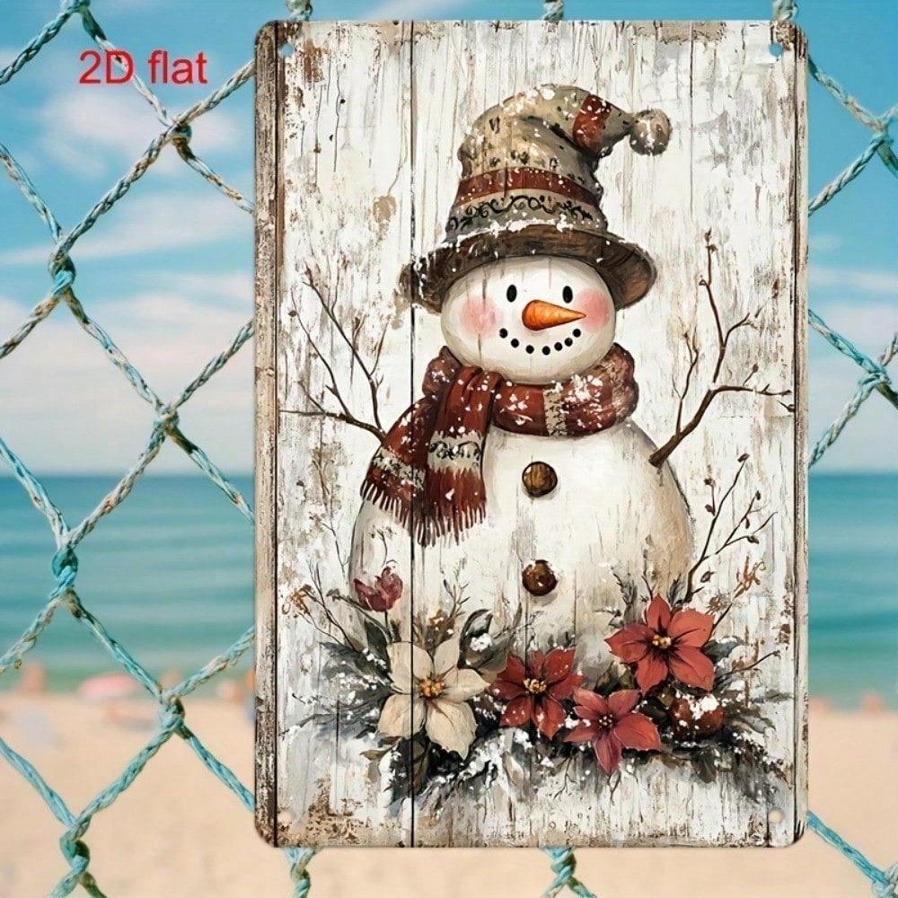 Vintage Snowman Floral Metal Sign 7.9x11.8in, 2D Tin Plaque, Durable Pre-Drilled Wall Decor for Garden/Office