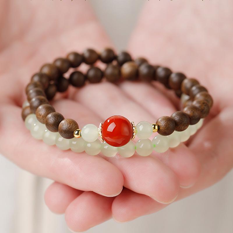 Agarwood & Hetian Jade Women's Bracelet Gift: Half Mountain Half Water Design with Lucky Southern Red Beads