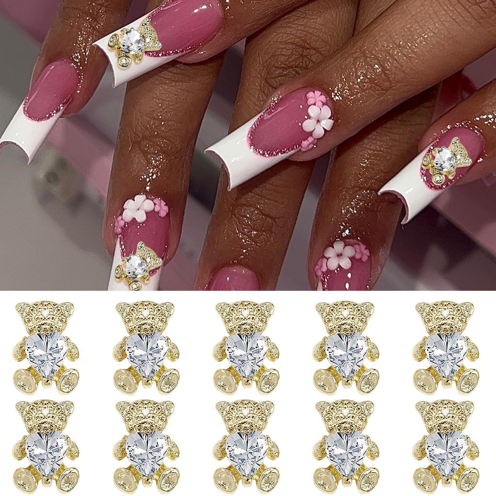 10pcs Bear Shaped Alloy Nail Jewelry Golden Sliver Bears With Pink Gold White Rhinestones Art Decorations Manicure DIY Accessori