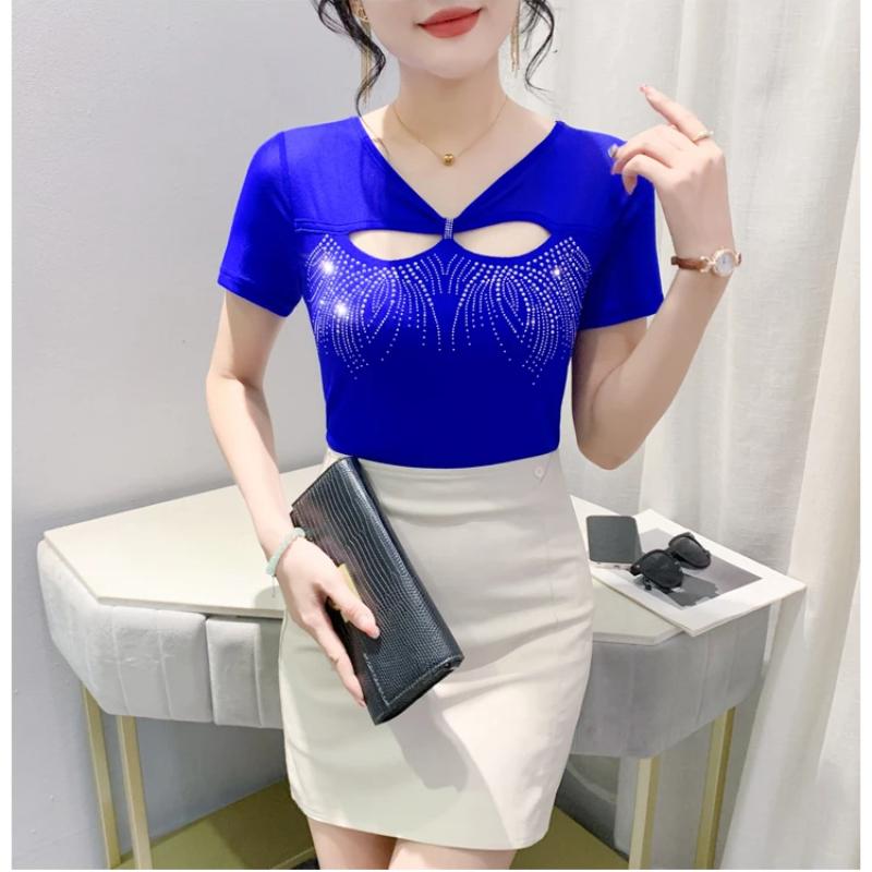 Nová letní móda Dámské síťované tričko Oblečení Šik Sexy Véčkový výstřih Vystřihované Diamantové trička Dámské Krátký rukáv Elastické Slim Top