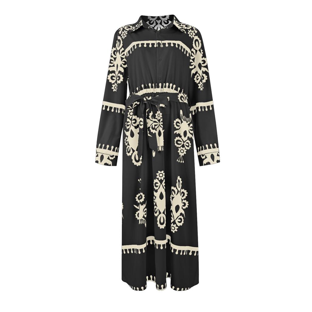 Women's Long Sleeve Lapel Button Printed Bodycon Sexy Nightclub Party Belted Dress