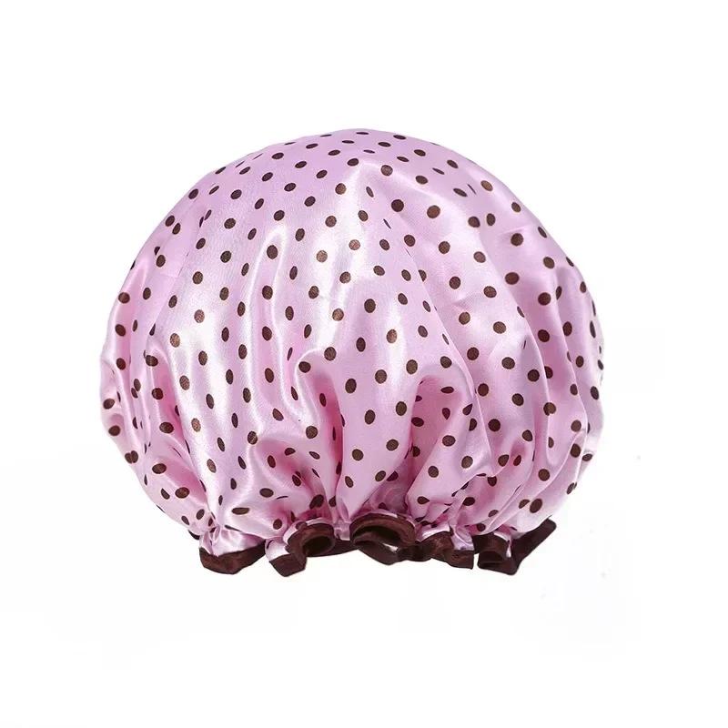 Waterproof Shower Cap Leopard Print Double Layer Elastic Shower Hair Cover Reusable Wave Point Shower Cap Bathroom Supplies розовый