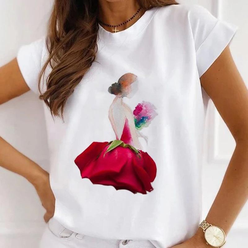 Módní kreativní 3D Rose Flower Grafika Dámské Tričko Letní halenka 90S Volný Trička s krátkým rukávem Bílý výstřih do O Dámské topy Oblečení