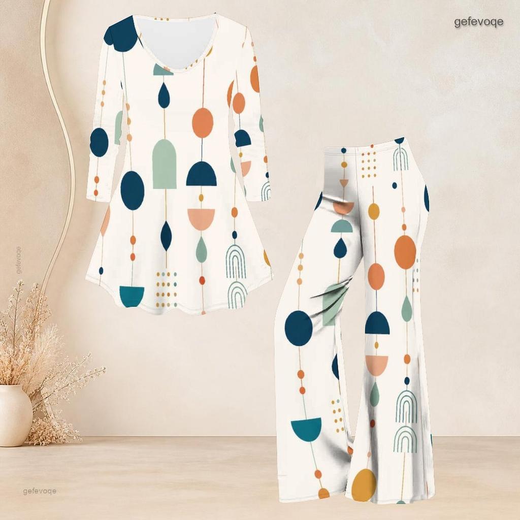 Women Plus Size Printed V Neck Three Quarter Sleeve Flared Top And Flared Pants Two Piece Set