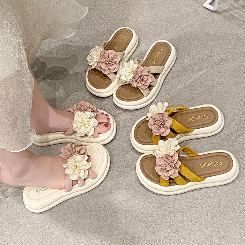 Fashion Fairy Versatile Beach Muffin Soft Bottom Flower One-Word Slippers 202 Summer New Cool Slippers Women's Outer Wear