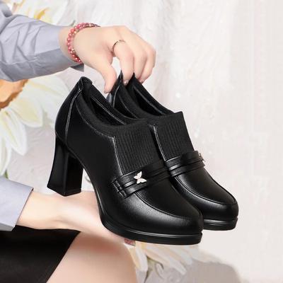 5.5cm 7.5cm All Match Breathable Comfortable Flexible Soft Leather Shoes Women Pumps 2025 Fall Med Block Heels Shoes Office Mom