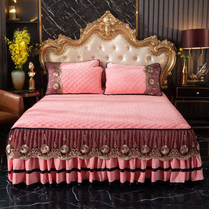 High Grade Winter Crystal Velvet Thicken Quilted Bedspread King Queen Size Flannel Quilting Bed Skirt Including Pillowcase