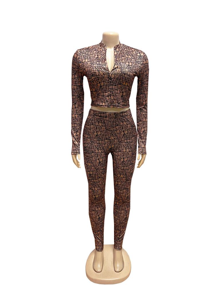 European & American Women's Spring/Autumn Half-High Collar Zipper Cropped Top with Long Sleeve & High-Waisted Pants Two-Piece Set