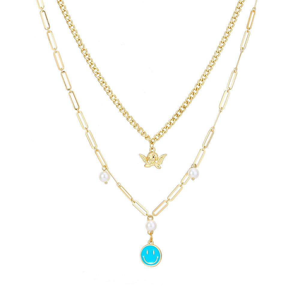 Stylish Blue Smiley Face Necklace With Unique Pearl Design For Trendy Women