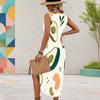 Women Plus Size Sleeveless U Neck Fruit Leaf Printed Midi Dress High Side Slit Curved Hem