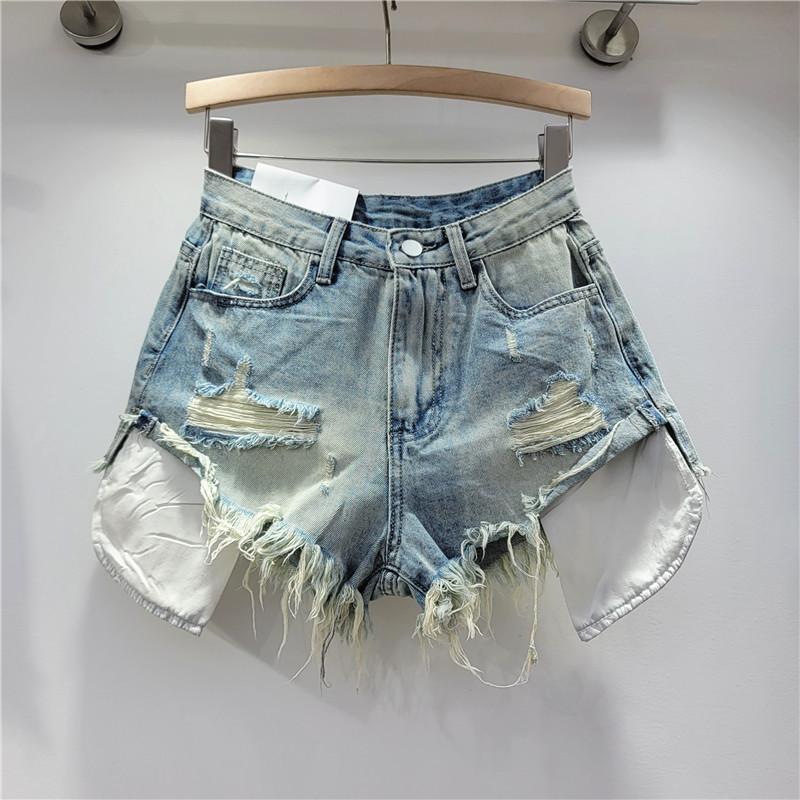 European Station Summer New Beggar Ripped Denim Shorts Women's High Waist Skinny Spice Girls A-word Burr Hot Pants
