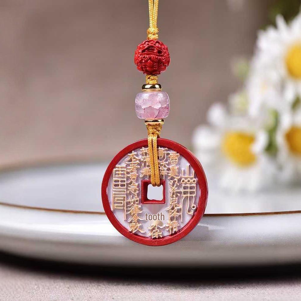 Natural Cinnabar Red Sand Ghost Coin Peace Buckle Pendant