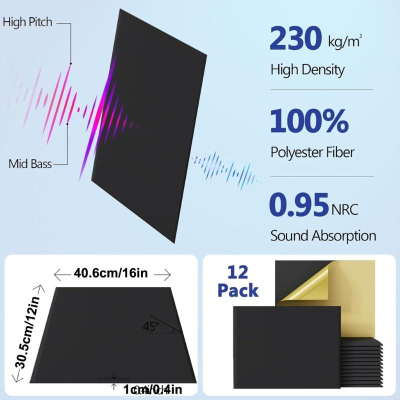 Set of 12 Acoustics Foam Wall Tiles Rectangular Foam Panel Polyester Fiber Wall Panels for Quiet Study Spaces Libraries