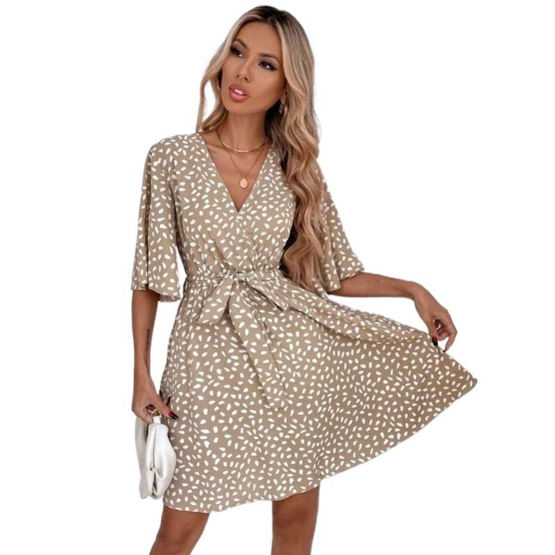 Damenmode, neuer beliebter kurzer Rock in Europa und Amerika, V-Ausschnitt, kurze Ärmel, Taillenwickel, vielseitiges Blasenärmel-großes Swing-Kleid S-XL