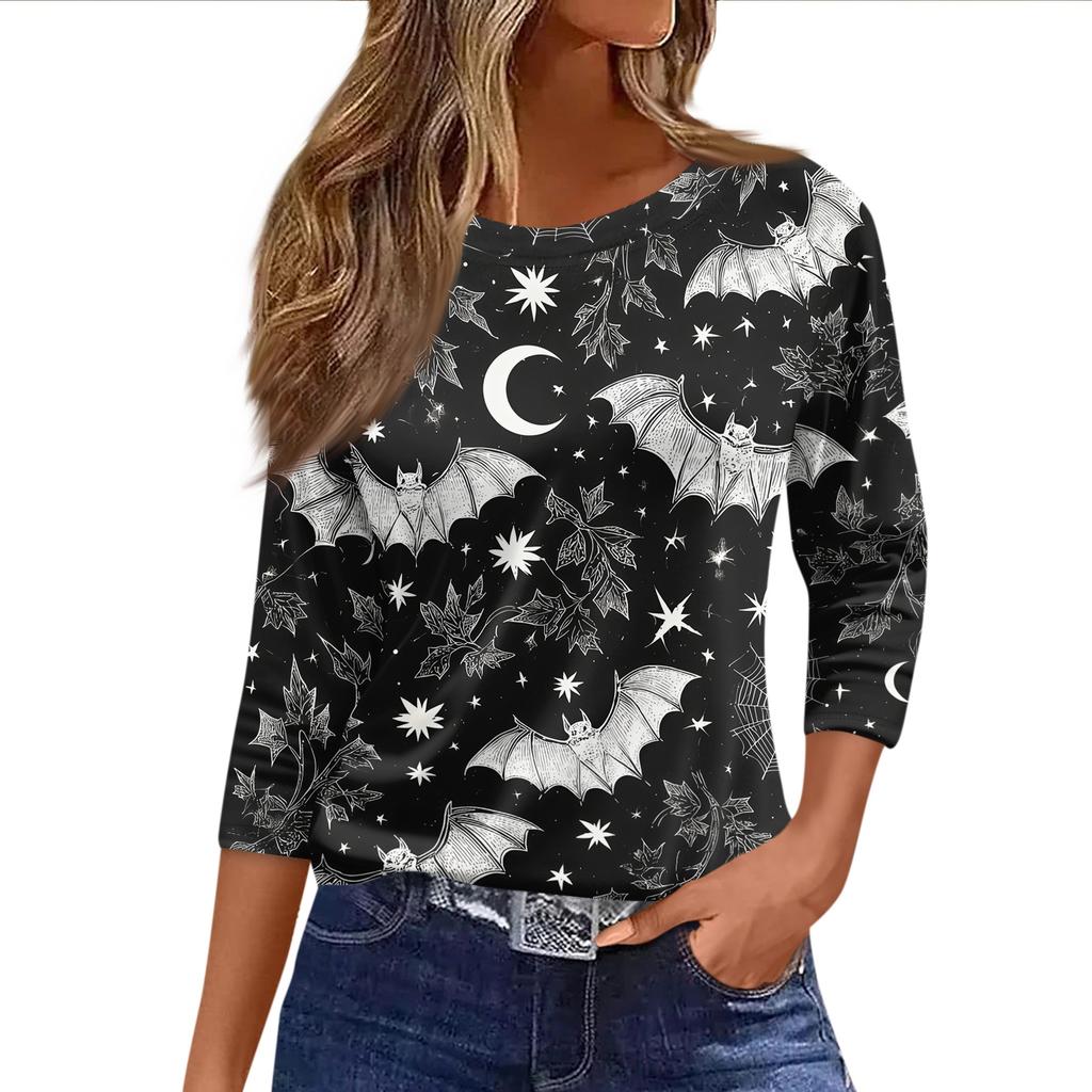 Women's Loose Fit Casual Halloween Print T-Shirt 3/4 Sleeve Round Neck Relaxed Fit Top for Everyday Wear