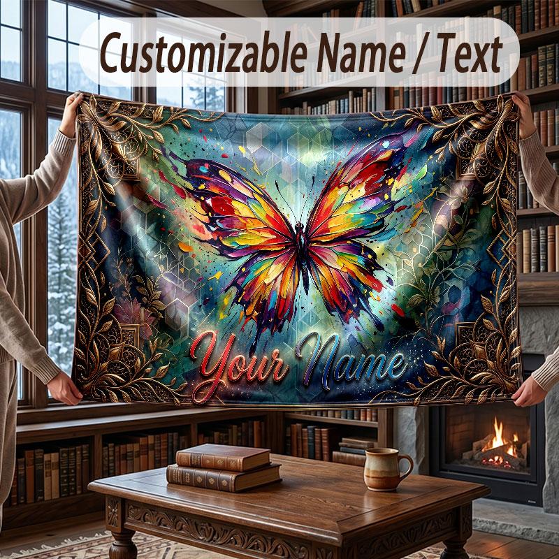 Butterfly Theme Throw Blanket Custom Name Text Personalized Blanket Soft Cozy Blanket for Home Sofa Bed