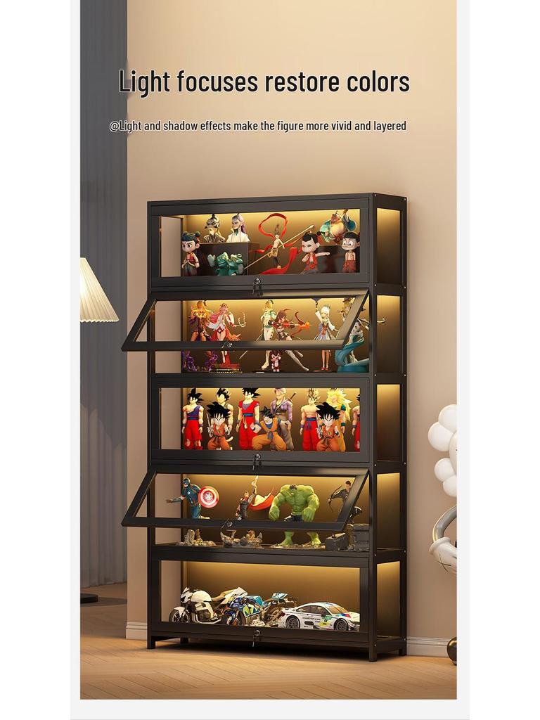 Acrylic Lockable Display Case with LED Lights for Figurines and Models, Dustproof Transparent Stand