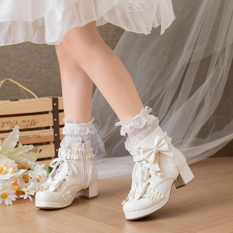 Velikost 28-43 Dívčí kozačky Dámské šněrovací Čtvercový podpatek Platforma Kotníkové kozačky Sladká mašle Volánky Dívčí princeznovské Cosplay Růžové Lolita boty