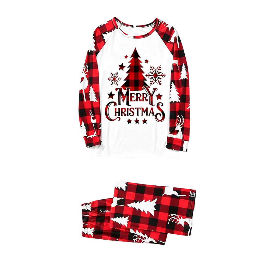 Christmas Print Neck Long Sleeve Long Pants Matching Family Pajama Set for Adults and Kids