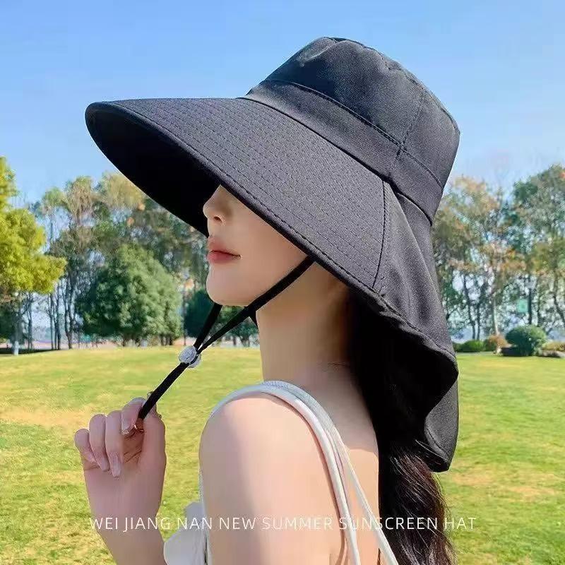 Full face sunscreen large brim shawl sun hat women's neck protector integrated UV protection bucket hat ponytail hat