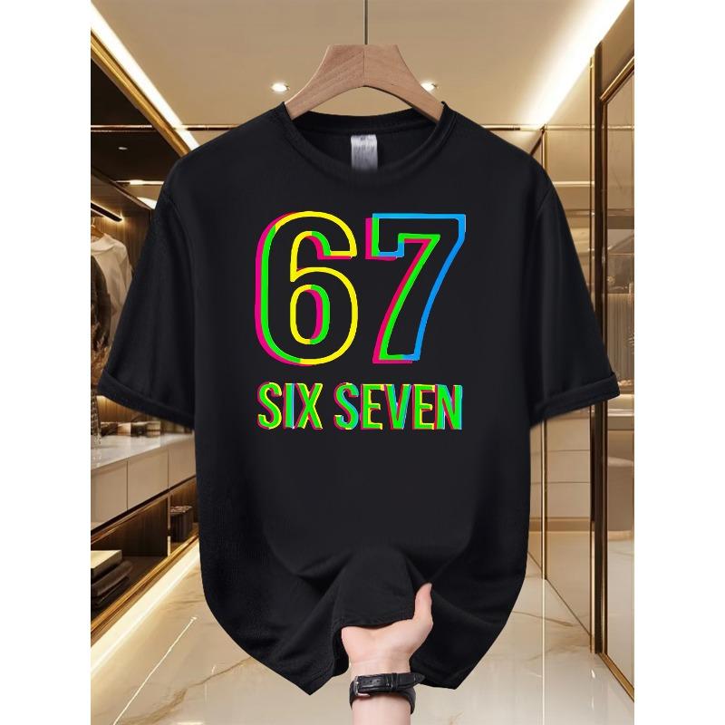 

Men s Retro Urban Graphic Crew Neck T-Shirt - Bold 67 Six Seven Design, Soft and Breathable, Stylish Short Sleeve Summer Tee, for Casual Outings. 4XL чорний