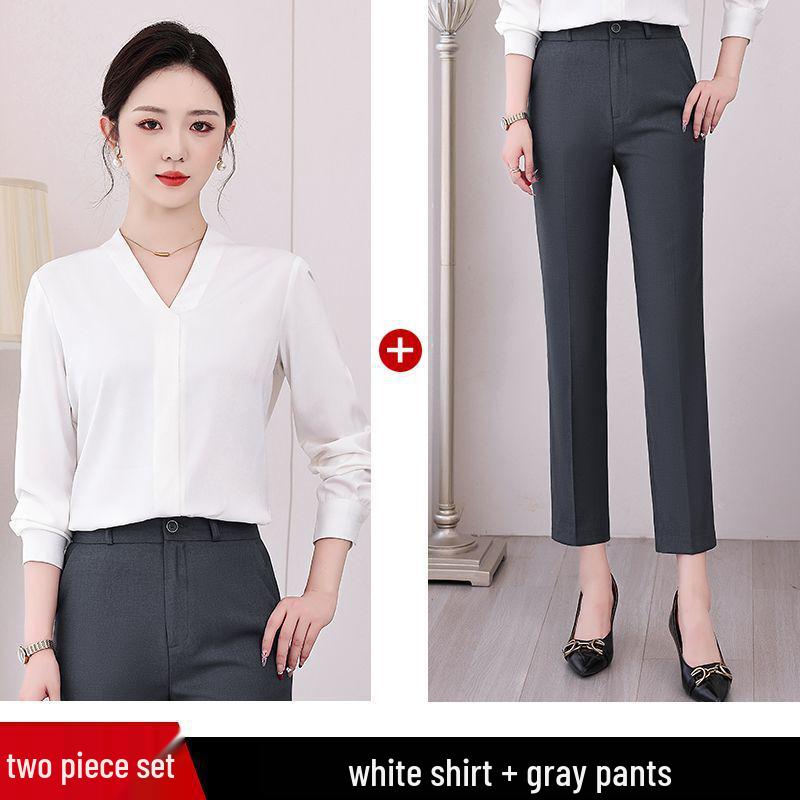 Formelles Damen-Anzugset mit V-Ausschnitt Chiffon Weißes Hemd