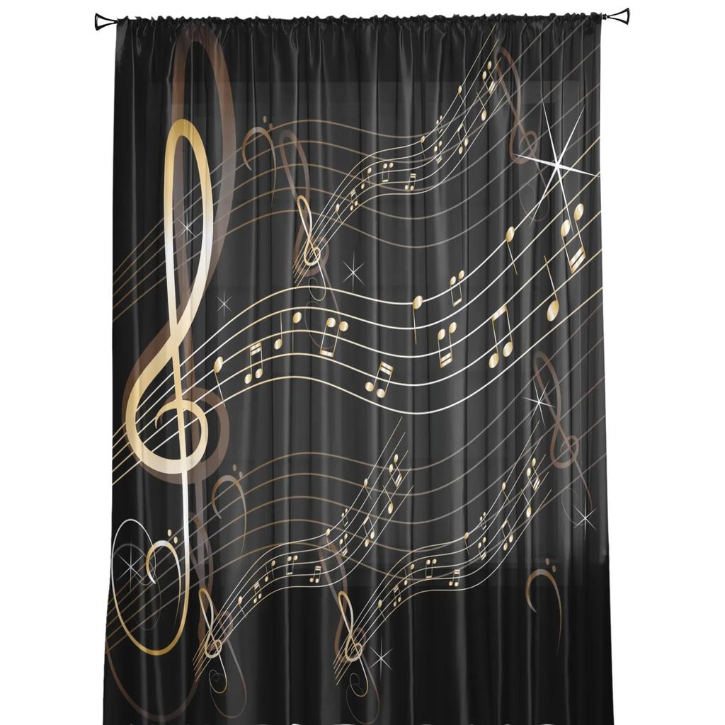 Music Notes Black Chiffon Sheer Curtains for Living Room Bedroom Home Decoration Window Voiles Tulle Drapes Curtain